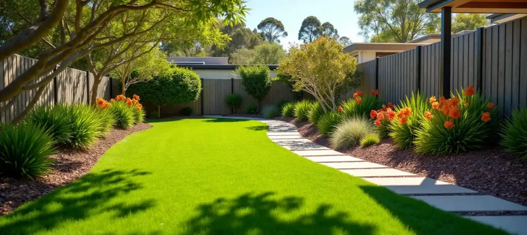 Landscaped garden with a curved stone pathway, manicured lawn, trimmed hedges, trees, and garden lighting.